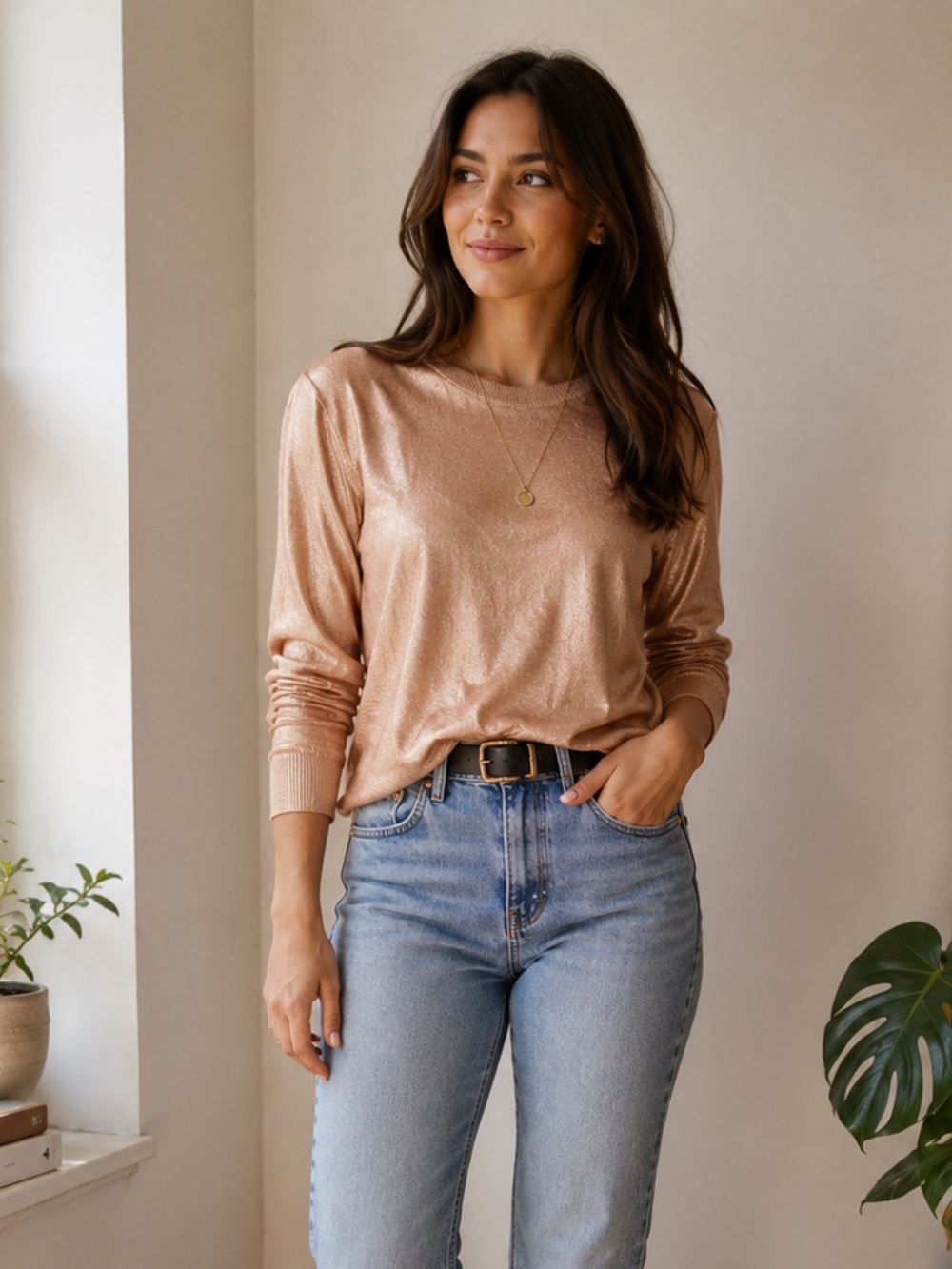 Alexander Wang Rose Gold Metallic Long Sleeve Sweater Top